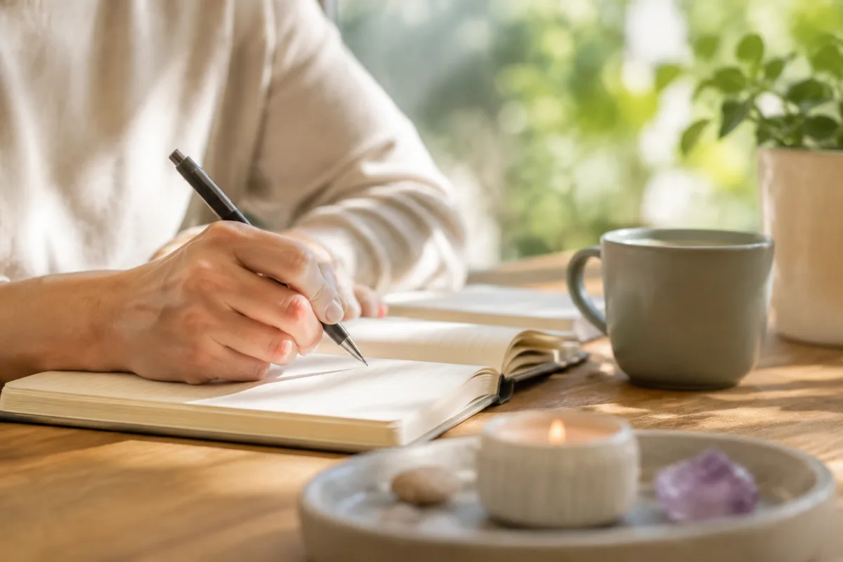 Réduire le cortisol : ce que ton corps essaie vraiment de te dire Tasse de tisane fumante posée sur une table en bois avec des feuilles de mélisse et de camomille fraîches à côté
