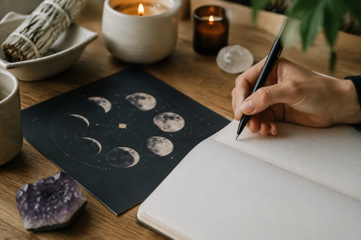 Synchroniser sa routine avec le cycle lunaire, phase par phase Agenda ouvert avec des annotations manuscrites sur les phases lunaires et des cristaux posés à côté