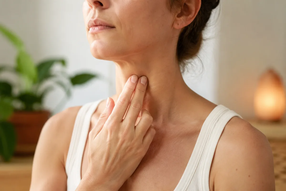Débloquer le nerf vague : les pratiques qui m'ont vraiment aidée Gros plan sur les doigts d'une femme massant doucement la zone du cou sous l'oreille, peau nue, lumière naturelle douce