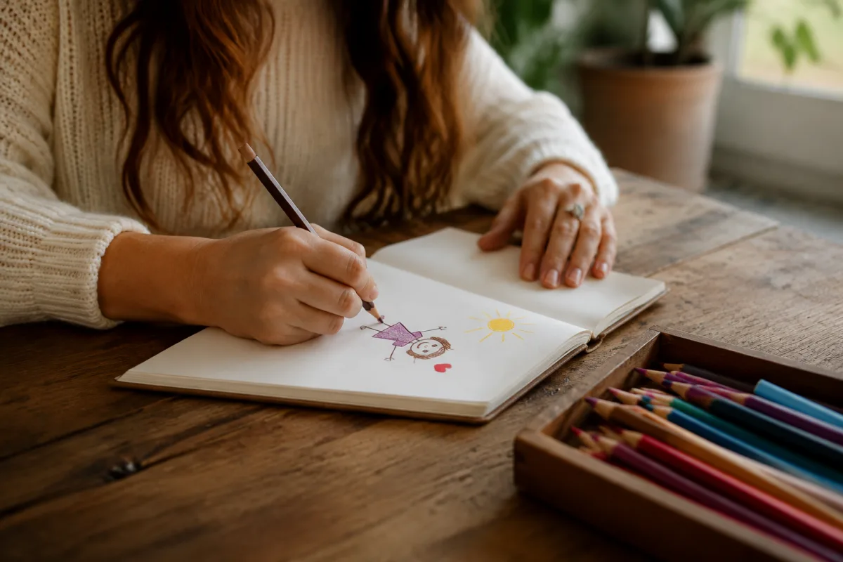 Carnet ouvert avec des mots manuscrits et un crayon posé sur une couverture en lin doux