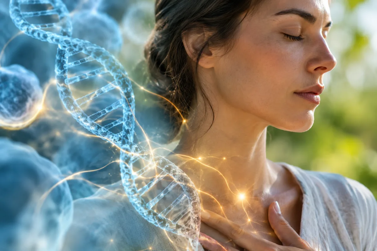 Comprendre la mémoire cellulaire pour enfin libérer tes blocages Gros plan sur les mains d'un praticien posées doucement sur les épaules d'une personne