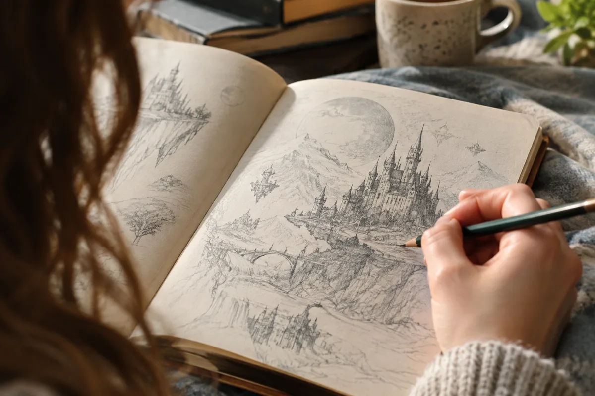Comprendre la paracosmie pour explorer tes mondes intérieurs Gros plan sur les détails d'une carte géographique imaginaire dessinée à la main sur du parchemin