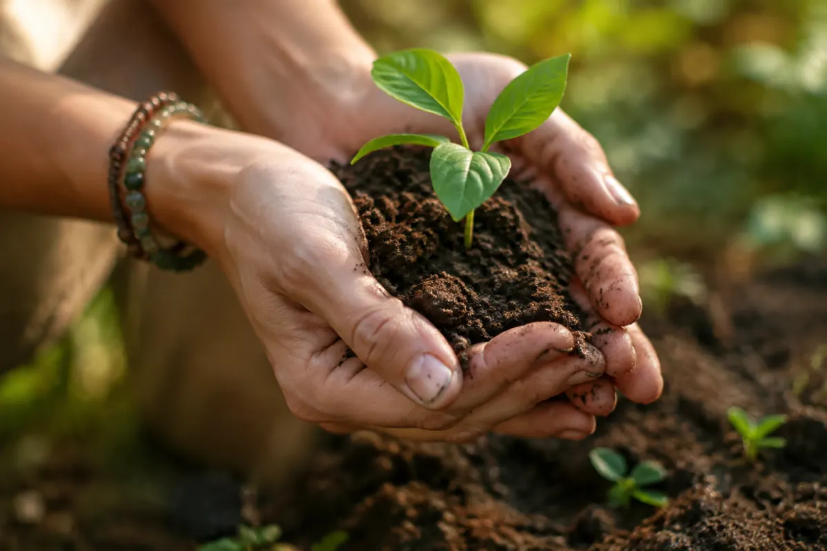 Comprendre la Terre Mère et se reconnecter à son énergie puissante Mains de femme tenant une poignée de terre noire fertile avec de petites pousses