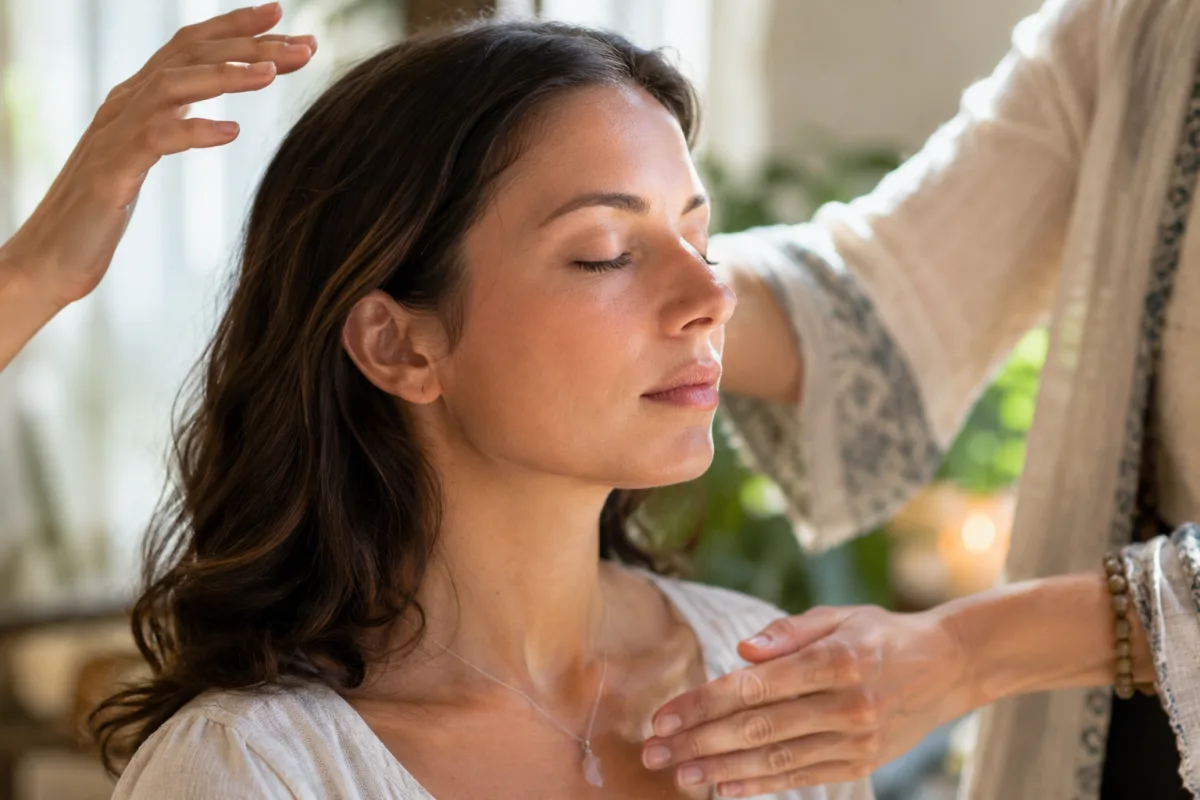 Comprendre le rôle du médium d'une fusion spirituelle pour s'ouvrir Une main posée doucement sur un cristal de quartz pour ressentir ses vibrations énergétiques.