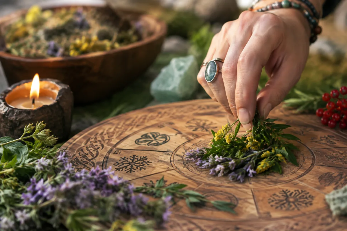 Fêtes païennes : guide pour se reconnecter au rythme de la nature Gros plan sur une main posant une pomme de pin sur un autel artisanal