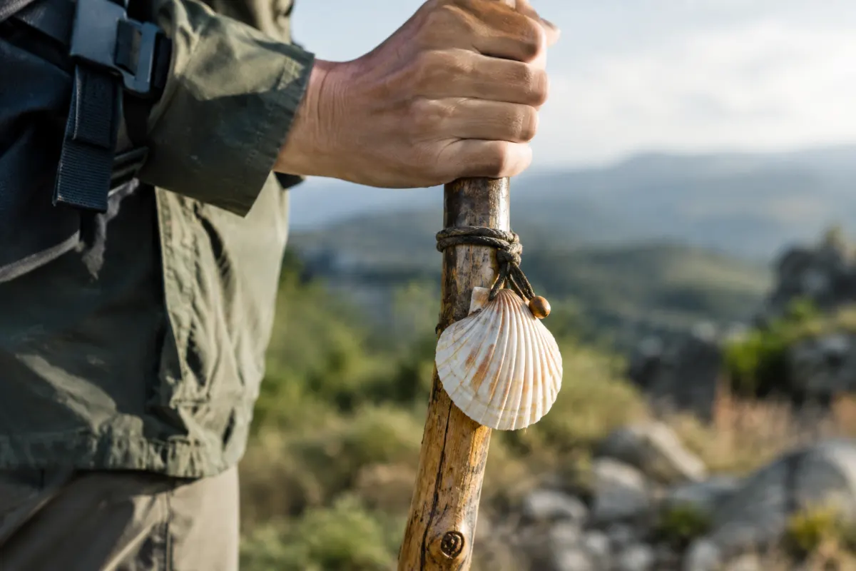 Gros plan sur le pommeau gravé et le ferrat en métal d'un bourdon traditionnel
