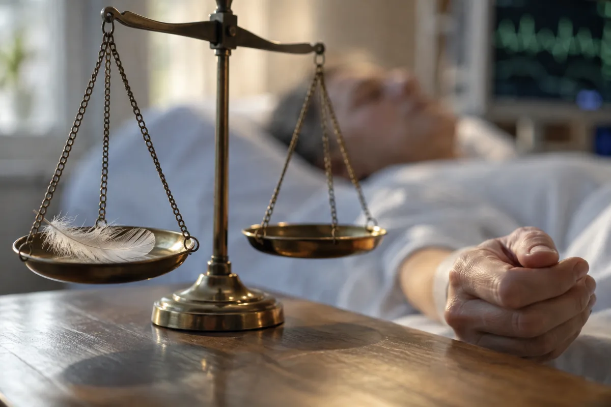 Une plume posée sur le plateau d'une balance ancienne en cuivre vieilli