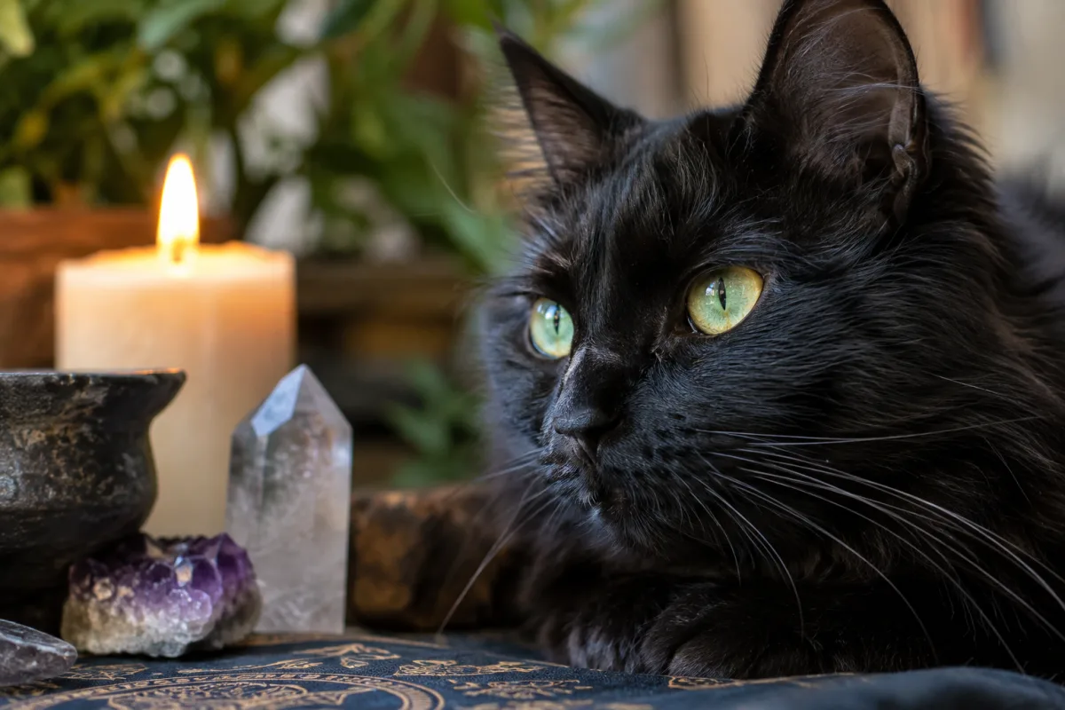 Le symbolisme du chat et ses mystères spirituels dévoilés Gros plan sur le regard hypnotique et les pupilles fendues d'un chat noir au repos