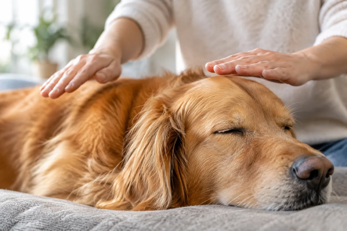 Mon guide pour comprendre et utiliser le magnétisme pour les animaux Gros plan sur les mains d'une personne diffusant une énergie apaisante près des oreilles d'un chat