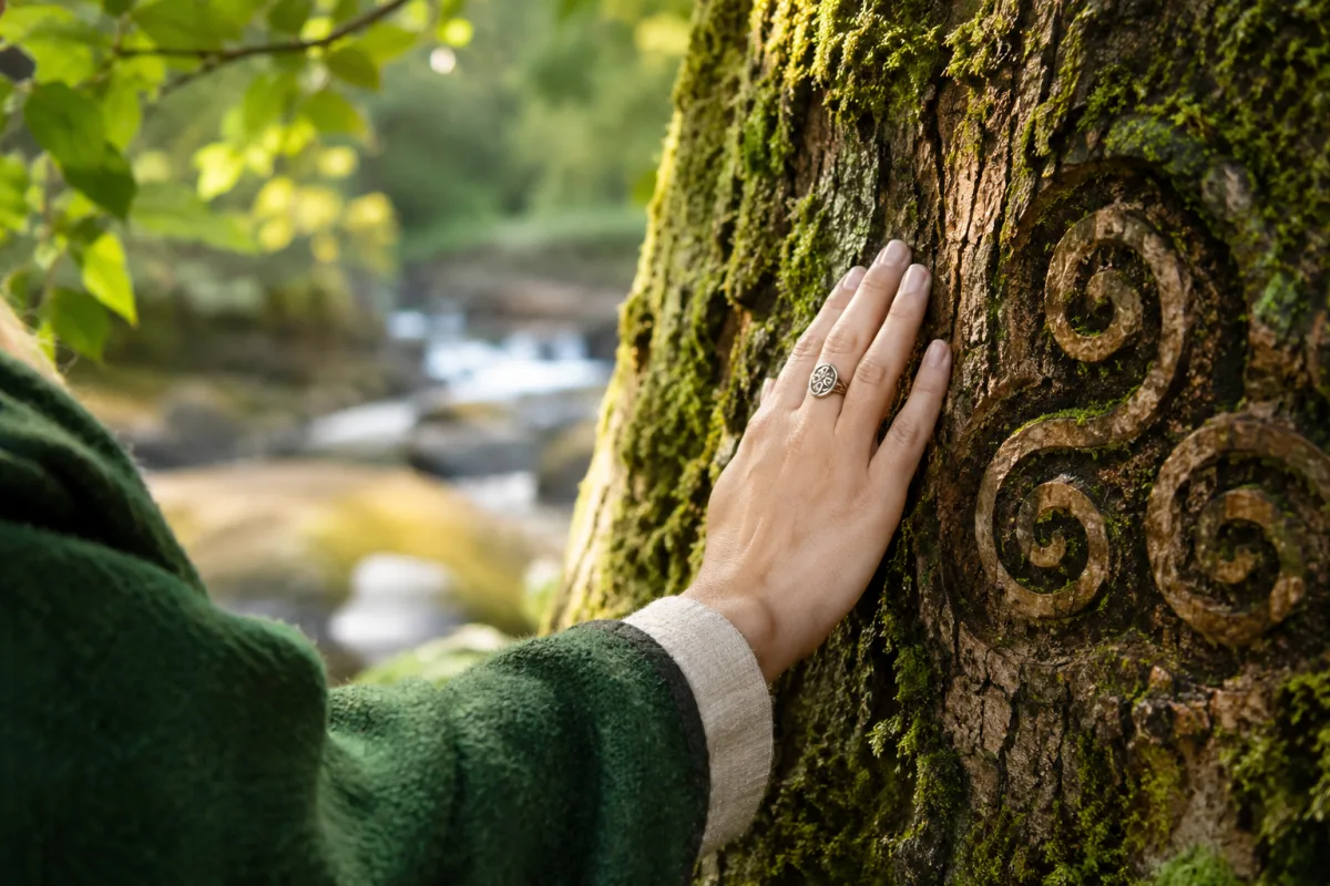 Sagesse des arbres des Celtes : trouvez votre guide végétal Gros plan sur les détails rugueux de l'écorce d'un vieux chêne recouverte de mousse verte