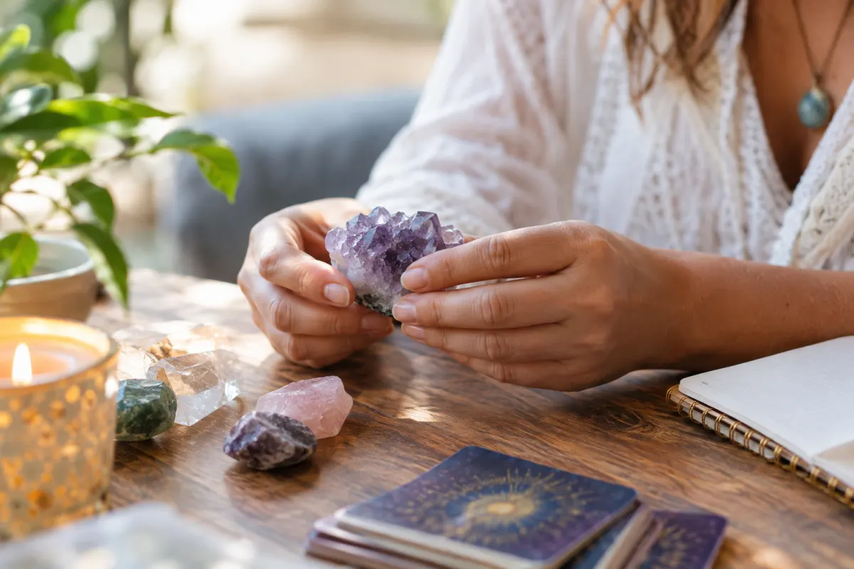 Famille d'âme : le guide pour reconnaître ta tribu vibratoire Une main tenant un cristal de quartz fumé au-dessus d'un carnet manuscrit ouvert
